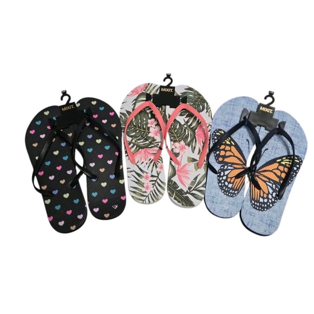 Lot Of 3 Pairs Mixit Flip Flops Womens 11/12 Butterfly Hearts  Tropical Sandals